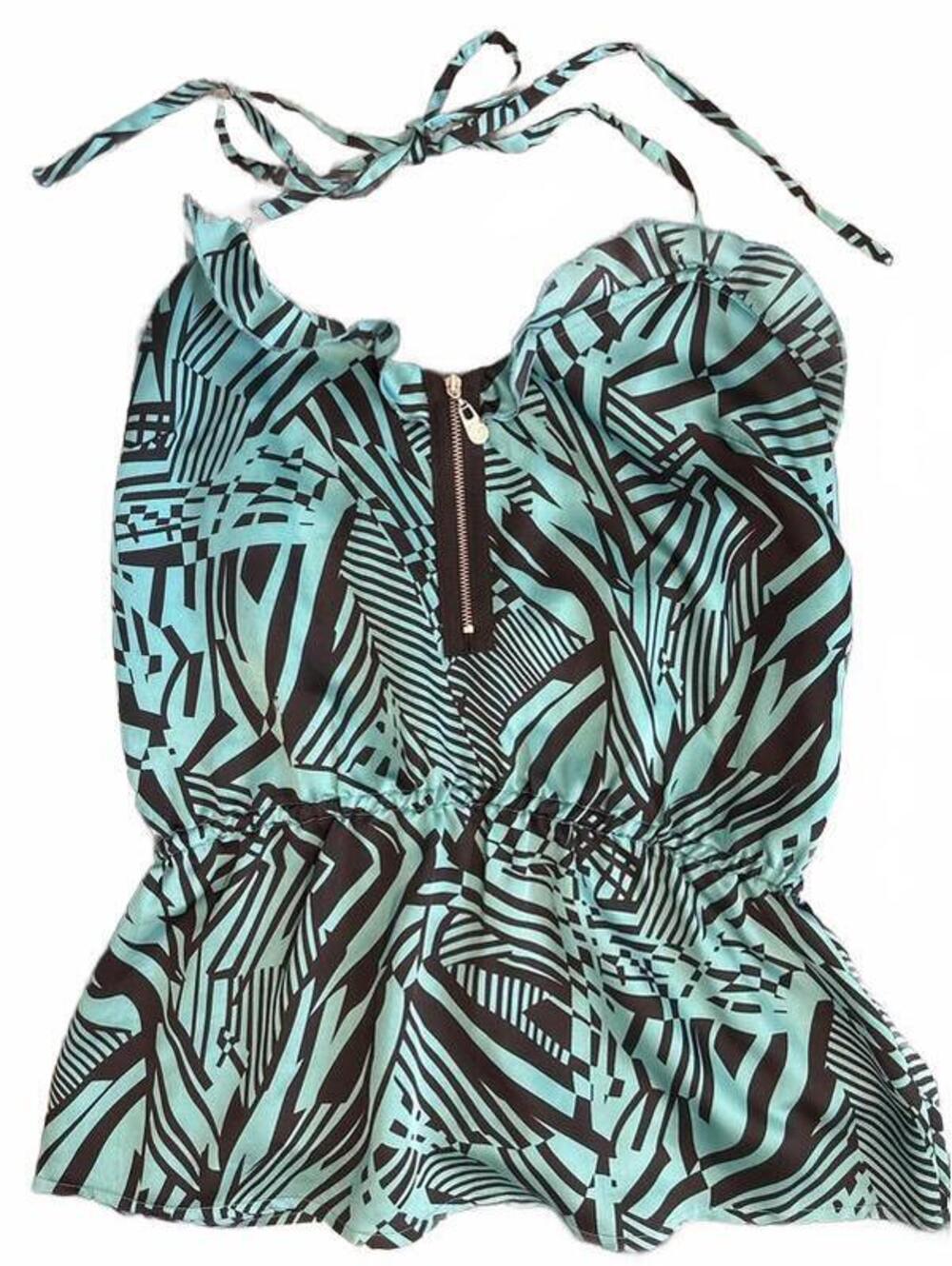 GUESS Women's Small Turquoise and Black Halter Top, Front Zipper and Tie Neck